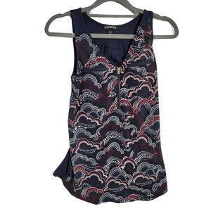 Express Navy Blue Blouse Cloud Print Sleeveless V-Neck Women's Size XS - Flawed